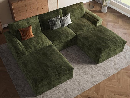 EASE MOOSE Oversized Cloud Couch Sectional Sofa, U-Shaped Modular Couch for Living Room, Minimalist Boneless Convertible Couches with Ottoman, 5-Seat Deep Sofas for Bedroom, Chenille (Green)
