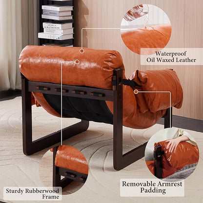 Furnilivng Modern Lounge Accent Chair, Comfortable Oil Waxed Leather Arm Chair with Sturdy Wood Frame, Upholstered Cozy Sofa Chair for Living Room, Bedroom, Dressing Room, Home Office, Retro Orange