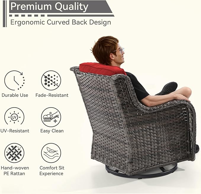 Outdoor Swivel Rocker Patio Chair - Outdoor Wicker Patio Glider Chair with Olefin Fabric Cushions Suitable for Backyard Deck and Porch, Red