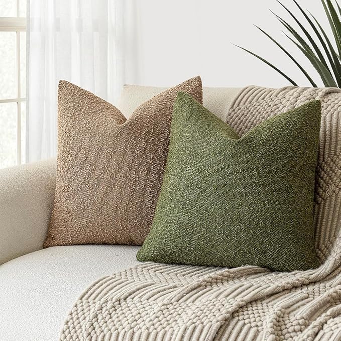 Foindtower Set of 2, Decorative Textured Boucle Throw Pillow Covers Accent Solid Pillow Cases Neutral Soft Cozy Couch Cushion Case for Chair Sofa Bedroom Living Room Home Decor 24 x 24 Inch Green