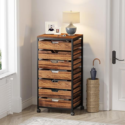 Tribesigns 7 Drawer Chest, Wood Storage Dresser Cabinet with Wheels, Industrial Storage Drawer Organizer Cart for Office Bedroom Entryway (Rustic Brown, 1 PC)