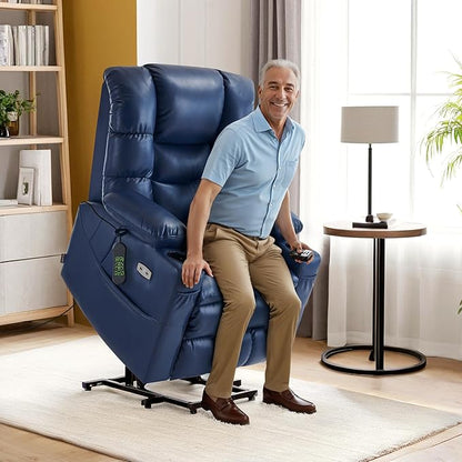 MCombo Triple Motor Power Lift Recliner Chair with Massage and Dual Heating, Adjustable Headrest for Elderly People, Faux Leather 7632 (Blue, Medium)