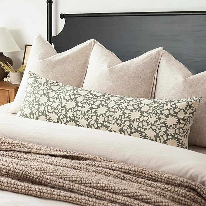 Foindtower Set of 2 Decorative Floral Long Body Lumbar Throw Pillow Covers Accent Farmhouse Cushion Cover Neutral Pillowcase for Couch Sofa Bedroom Living Room Home Decor,14×36 Inch,Sage Green