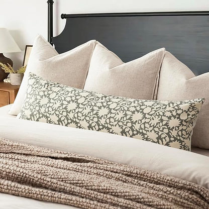 Foindtower Set of 2 Decorative Floral Long Body Lumbar Throw Pillow Covers Accent Farmhouse Cushion Cover Neutral Pillowcase for Couch Sofa Bedroom Living Room Home Decor,14×36 Inch,Sage Green