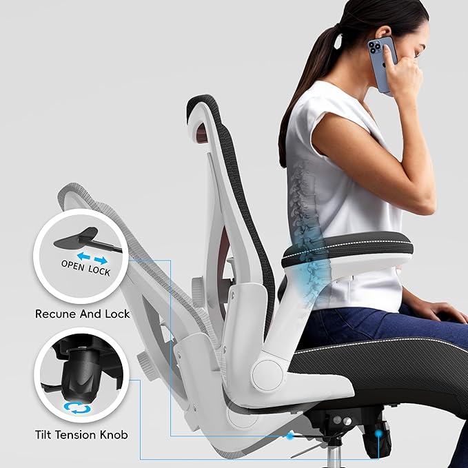 Office Home Ergonomic Desk Chair-Computer X-Shaped Chair Mesh PU Leather with Adjustable Lumbar Support-Executive Chair High Back Flip-Up Arms for Long Hours (Light Black-No Headrest)