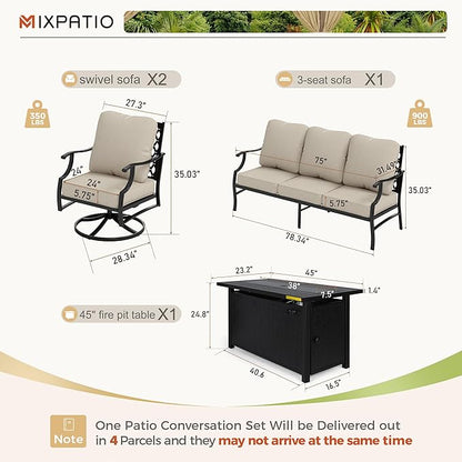 Patio Furniture Set with Firepit Table, 4 Pcs Metal Outdoor Conversation Set, 2 Swivel Chairs and 3 Seater Sofa with 5.75" Extra Thick Cushion and Gas Fire Pit Table for Backyard Deck, Beige