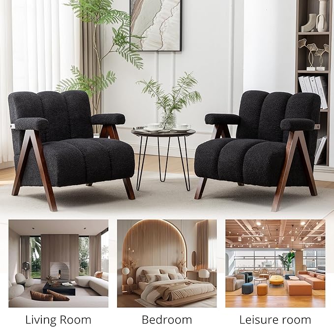Mid Century Modern Accent Chair with Solid Wood Frame, Boucle Upholstered Living Room Chairs with Thick Cushion, Comfy Tufted Arm Chair for Bedroom, Black