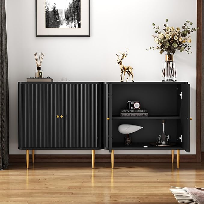 HLR Sideboard Buffet Cabinet with Fluted Texture, White Accent Cabinet with 2 Doors, Modern Credenza Storage for Kitchen Living Room, Entryway (Black, 2Piece)