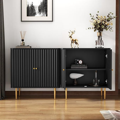 HLR Sideboard Buffet Cabinet with Fluted Texture, White Accent Cabinet with 2 Doors, Modern Credenza Storage for Kitchen Living Room, Entryway (Black, 2Piece)