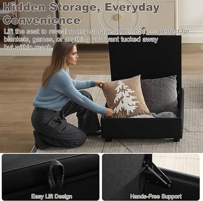 Ottoman with Storage, Faux Leather Square Storage Ottoman, Large Ottomans Foot Rest, Upholstered Foot Stools Ottomans for Modular Sectional Sofa, Coffee Table for Living Room, Black