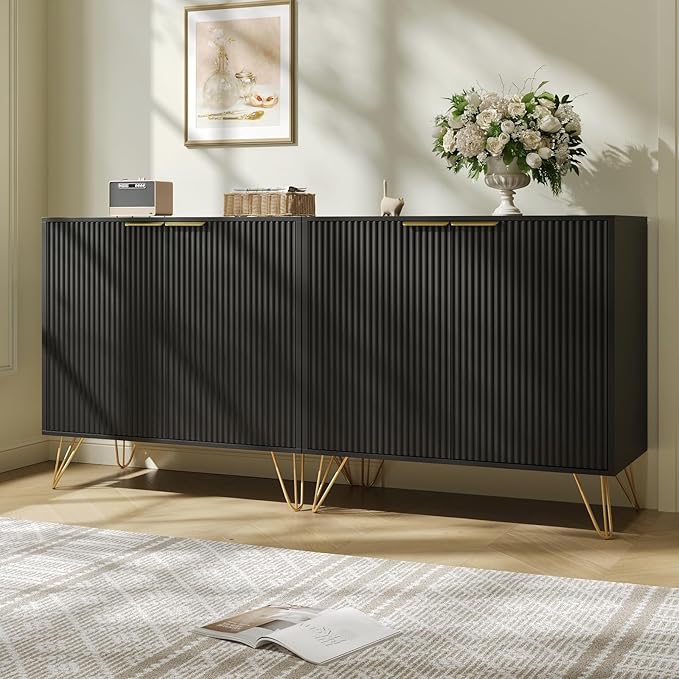 Fluted Storage Cabinet, Set of 2, Sideboard Buffet Cabinet, Modern Wood Accent Cabinet with Adjustable Shelves, Console Table for Living Room, Hallway, Entryway, Black