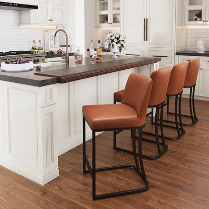 PHI VILLA Brown Bar Stools Set of 2, Faux Leather Counter Height Chairs, Kitchen Stools for Island, 24 Inch Barstools with Back