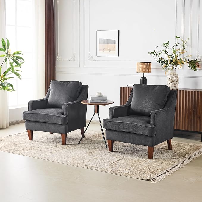 VINGLI Mid-Century Modern Accent Chairs Set of 2, Black Upholstered Armchair Comfy Sofa Chairs Reading Chair High Back for Living Room Bedroom Furniture Apartment