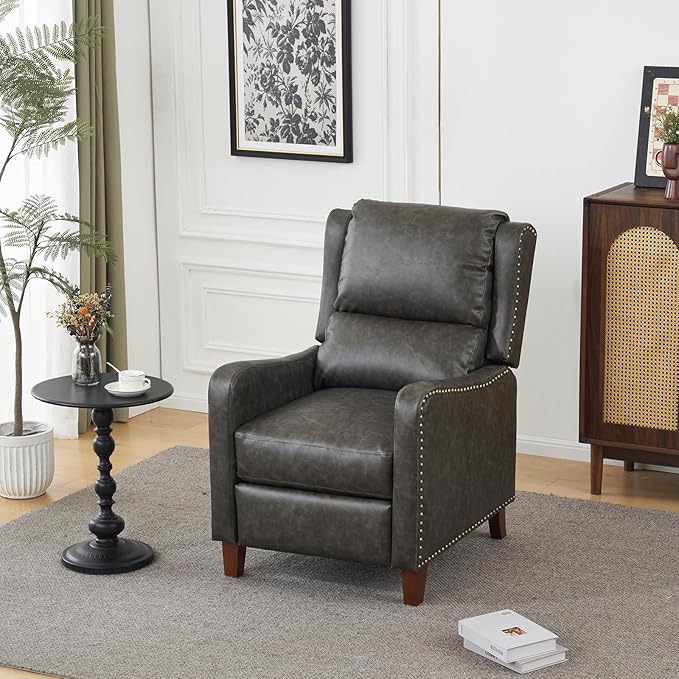 Pushback Recliner Chair, PU Leather Push Back Armchair, Upholstered Recliner Chair 105-135 Degree Adjustable, Retro Accent Chair for Living Room Bedroom - Gray