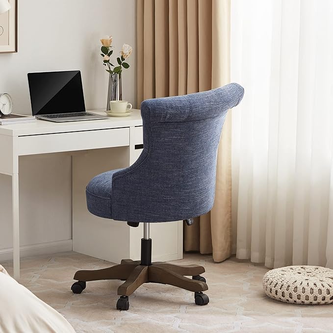 Home Office Chair Adjustable Height Swivel Chair with Wheels Linen Fabric Upholstered Computer Desk Chair with Wooden Legs Comfortable Armless Chair for Home Office Study Studio(Blue)