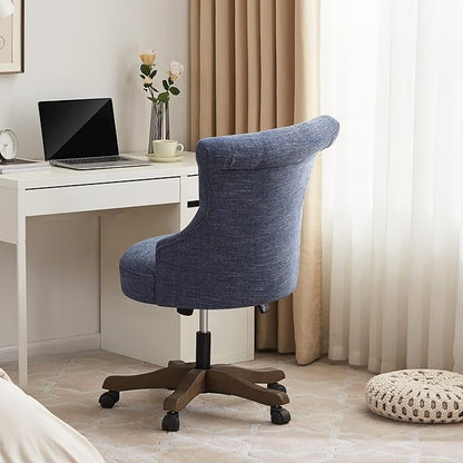 Home Office Chair Adjustable Height Swivel Chair with Wheels Linen Fabric Upholstered Computer Desk Chair with Wooden Legs Comfortable Armless Chair for Home Office Study Studio(Blue)
