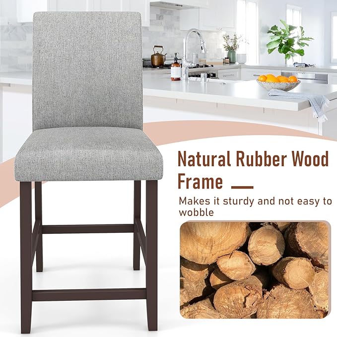 COSTWAY Counter Height Bar Stools Set of 2, 24'' Upholstered Mid Century Modern Island Chairs with Rubber Wood Legs, Wooden Barstools for Kitchen, Dining Room, Bar, Restaurant (Light Grey)