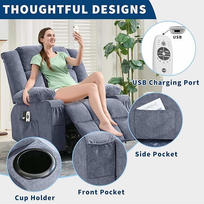 Large Power Lift Recliner Chair for Elderly Overstuffed Wide Electric Lift Chair with Heat and Massage for Big and Tall Adults Reclining Sofa Chair with 2 Cup Holders, Side Pocket, USB Port, Blue