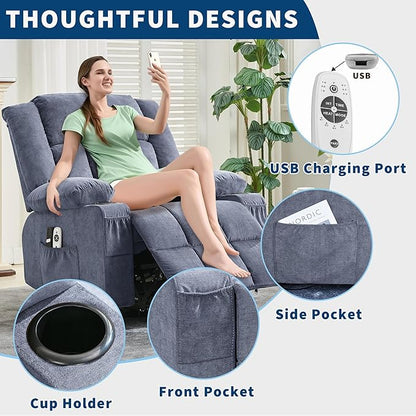 Large Power Lift Recliner Chair for Elderly Overstuffed Wide Electric Lift Chair with Heat and Massage for Big and Tall Adults Reclining Sofa Chair with 2 Cup Holders, Side Pocket, USB Port, Blue