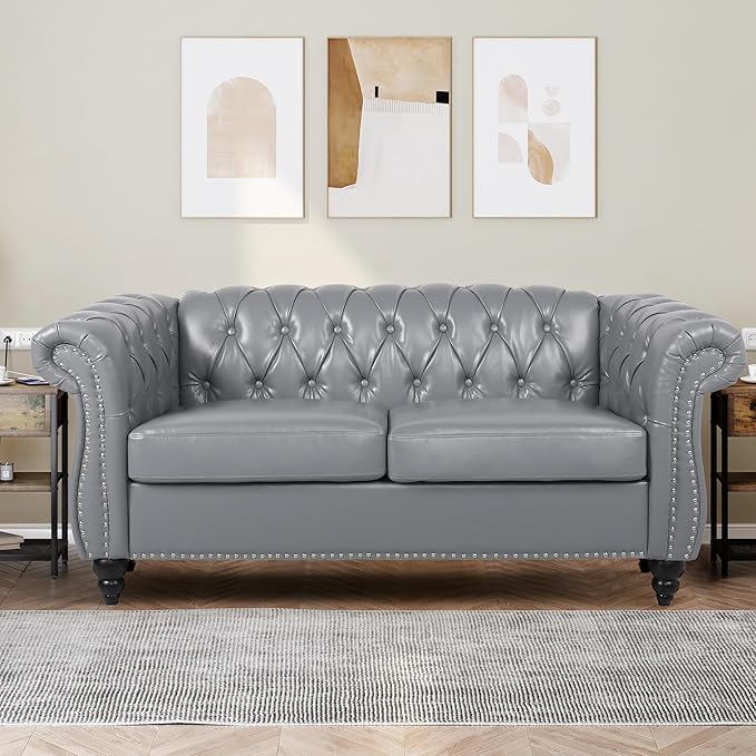 Faux Leather Sofa and Loveseat set, Mid Century Modern Upholstered Couch with Cushions, 2-Piece Home Sofa Living Room Furniture Sets, Comfy Tufted Chesterfield Couches for Bedroom, Office (Grey)