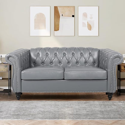 Faux Leather Sofa and Loveseat set, Mid Century Modern Upholstered Couch with Cushions, 2-Piece Home Sofa Living Room Furniture Sets, Comfy Tufted Chesterfield Couches for Bedroom, Office (Grey)