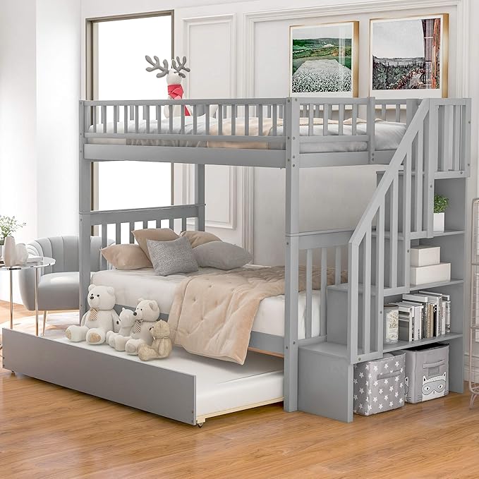 Twin-Over-Twin Bunk Bed with Trundle,Guardrail and 4 Storage Shelves,Wood Bunk-Bed W/Planked Panel Headboards & Footboards,Bedroom Furniture for Children,Teens,Adults,Gray