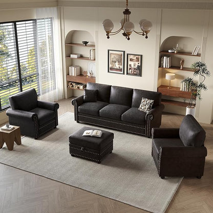 ONBRILL Nailhead Trim Accent Chair, Faux Leather Club Chair for Living Room, Comfy Armchair with Springs Cushions & Solid Wood Legs, Traditional Rolled Arms Single Sofa for Bedroom, Apartment, Black