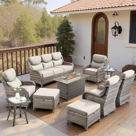 Belord Luxury 6" Thick Cushioned 10 Pieces Patio Furniture Set with Fire Pit Table, Wicker Outdoor Conversation Set with High Back Swivel Rocker Chairs for Deck Porch Yard and Poolside - Grey+Beige