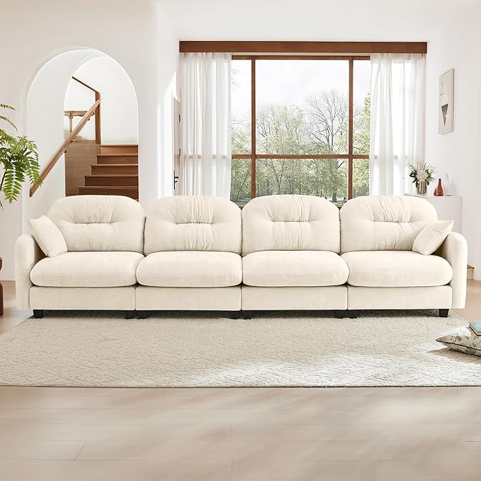 140" 4 Seater Couch for Living Room, Comfy Chenille Fabric Cloud Sectional Couch, Modern Upholstered Deep Seat Sofa with Armrest Pillow, Oversized Sectional Sofa, Beige