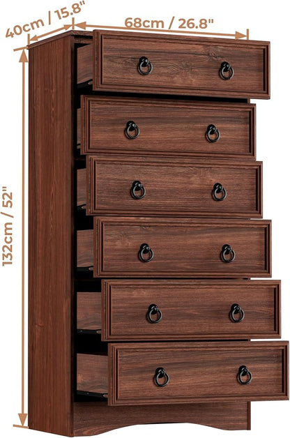 6 Drawer Dresser 52" Tall for Bedroom, Wood 6 Chest Drawers, Storage for Clothes, Narrow Large Drawers, Taupe Vintage, for Living Room, Bedroom, Hallway, Cherry Wood