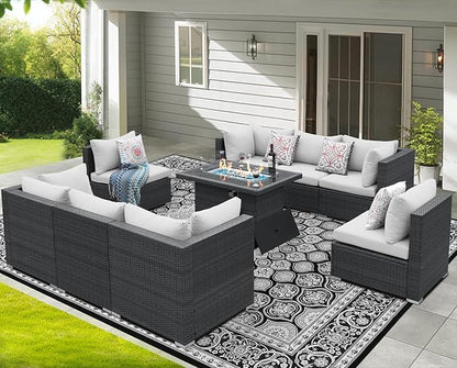 NICESOUL 9 Piece Outdoor Patio Furniture Set with Fire Pit Table Dual Natural Gas & Propane, 29.3'' High Back Extra Large Comfy Wicker Conversations, Deep Wide Modular Couches for Garden, Light Grey