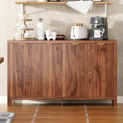 55" Large Buffet Sideboard with Storage, 33" Tall Kitchen Buffet Storage Cabinet with 4 Doors, Modern Coffee Bar Cabinet with Gold Handles, Long Sideboard Buffet Table for Kichen, Walnut
