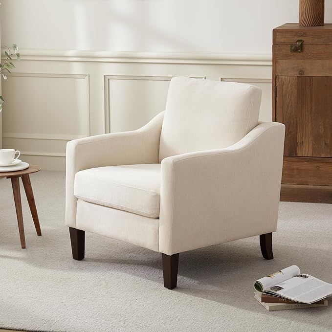 VKNOW Mid Century Modern Accent Chair, Upholstered Living Room Chairs Armchair for Bedroom, Comfy Reading Accent Chairs with Wood Legs for Living Room, Beige