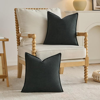 FUTEI Black Chenille Throw Pillow Covers 24x24 Inch Set of 2,Edges Double-Stitched European Cushion Cases,Modern Home Decor for Couch Living Room