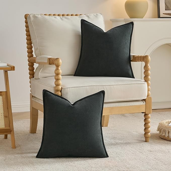 FUTEI Black Chenille Throw Pillow Covers 16x16 Inch Set of 2,Edges Double-Stitched Cushion Cases,Modern Home Decor for Couch Living Room