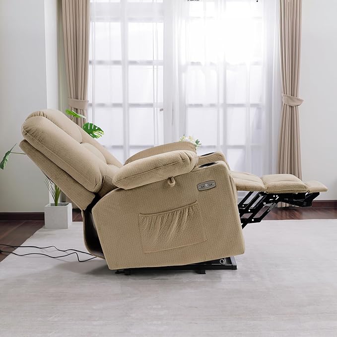 MCombo Oversized Power Lift Recliner Chair Sofa with Massage and Heat for Elderly People Petite, USB Ports, Side Pockets, Fabric R7561 (Beige, Small-Oversize)