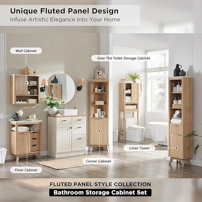 RedLemon Over The Toilet Storage Cabinet with Fluted Sliding Door, 68" Tall Wood Space Saver w/Faux Marble Top & Adjustable Shelf, Curved Profile Rack Organizer for Bathroom, Natural Oak Color