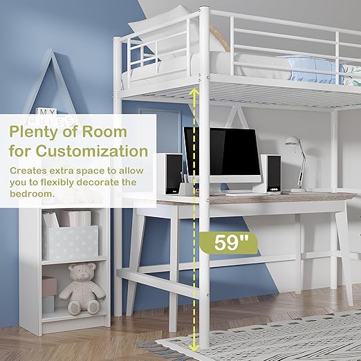 VECELO Metal Loft Bed Twin Size, Heavy Duty Bedframe with Removable Ladder and Safety Guardrail, Space-Saving, Noise Free, No Box Spring Needed, White