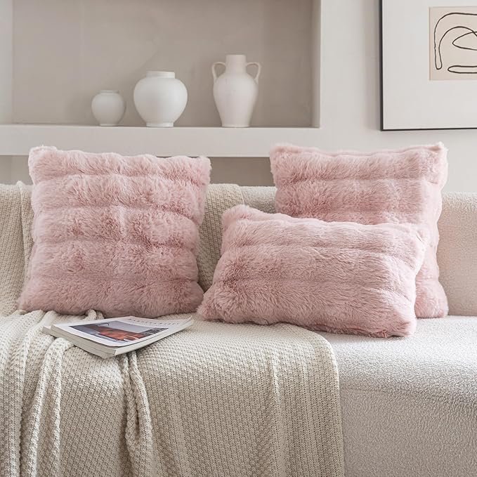 Neelvin Pink Faux Fur Cozy Soft Double-Sided Decorative Throw Pillow Covers 24x24 inch Set of 2,Velvet Pillowcase Cushion Case for Sofa Couch