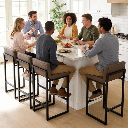 Counter Height Bar Stools Set of 4, Upholstered Barstools with Back, Bar Chairs with Thickened Metal Legs, PU Leather Counter Stools for Kitchen Island (Coffee Brown, 4Pcs 26" Bar Stools)