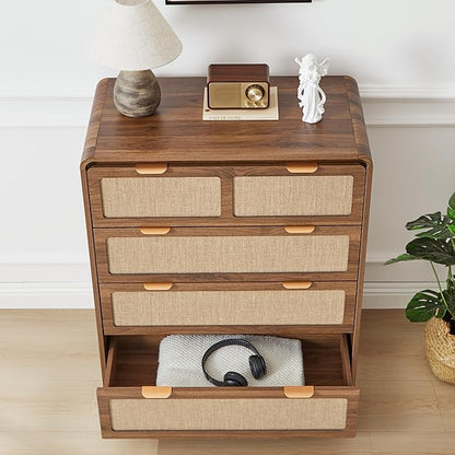 Mid Century Modern Dresser for Bedroom with 4 Drawers, 35" Tall Chest of Drawers with Natural Linen, Curved Wood Dresser Closet Clothes Storage Organizer for Living Room, Hallway((Walnut)