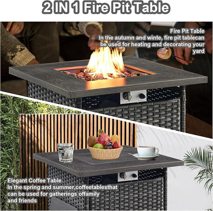 HUMMUH Patio Furniture with Fire Pit 4-Piece Wicker Outdoor Sectional Couch with Swivel Rocking Chairs, Propane Fire Pit Conversation Set for Garden, Backyard, Deck