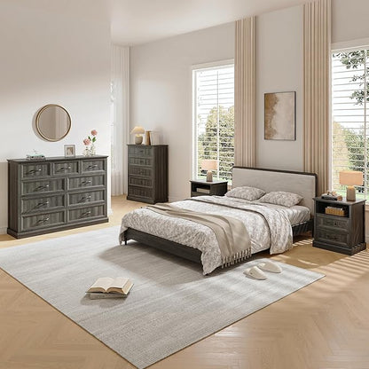 Farmhouse Dresser and Nightstand Sets, 4Pcs Bedroom Furniture Set, Nightstand Set of 2 & 55" Wide 9 Drawer and 44" Tall 5 Drawer Dresser with Large Drawers & Bar Handles, Grey