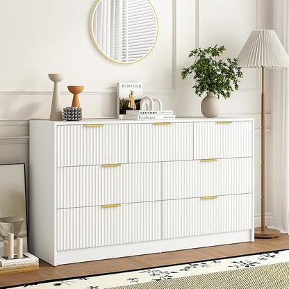 3-Piece Modern Bedroom Furniture Set, Wide 7-Drawer Dresser & 2-Drawer Nightstands Set of 2, Natural Wood Dresser and Nightstand Sets for Bedroom, Hallway, White
