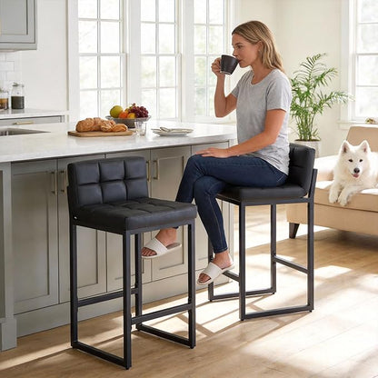 Counter Height Bar Stools Set of 2, Modern Faux Leather Counter Stools with Low Back and Footrest, Upholstered Bar Chairs for Kitchen Island, Bar, Counter (Black, 2Pcs 26" Bar Stools)