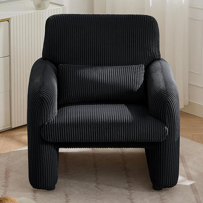 Corduroy Fabric Accent Chair, Modern Upholstered Living Room Chairs with Lumbar Pillow, Wide Comfy Leisure Armchair for Bedroom, Office, Reading, Black