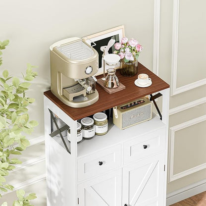 SUPER DEAL Farmhouse Storage Cabinet, Bathroom Floor Cabinet Kitchen Pantry with Doors and Drawers, Hutch Cupboard for Laundry, Living Room, Bedroom, White