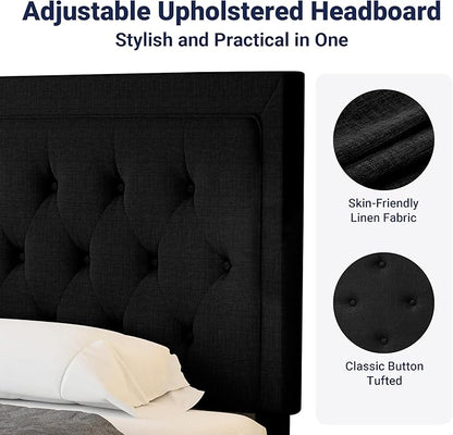 Allewie King Size Upholstered Platform Bed Frame with Adjustable Headboard, Button Tufted, Wood Slat Support, Easy Assembly, Black