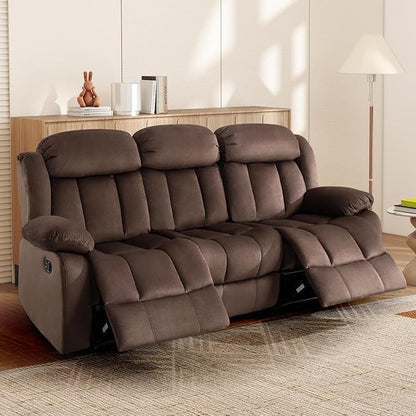 INZOY Manual Recliner Sofa with Padded Armrest, Wall-Hugger 3 Seat Reclining Love Seat Couches with Overstuffed Back, 3 Seater Reclining Chair for Living Room Theater Seating, Brown