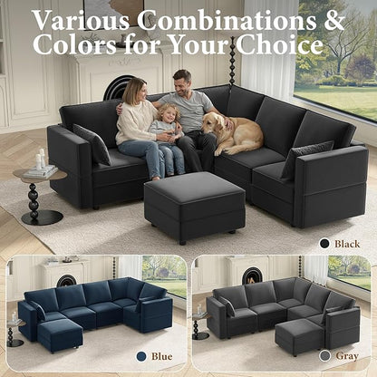 Vesgantti Sectional Couches with Storage Seats, 92" L Shaped Convertible Modular Sectional Sofa, 5 Seat & 1 Ottoman Velvet Storage Chaises Deep Seat Couch for Living Room, Bedroom, Apartment, Black